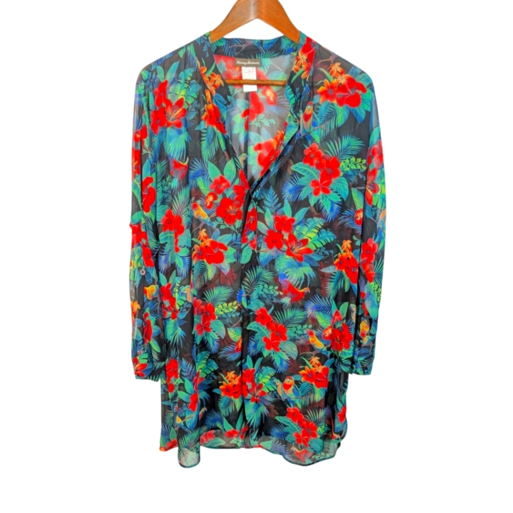 Tommy Bahama Floral & Parrot Print Sheer Long Sleeve Swim Cover Up Dress